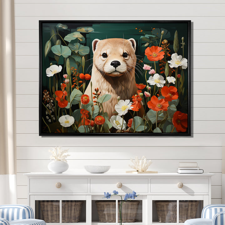 Brown Curious Otter in blooming meadow - Otter Canvas Wall Art