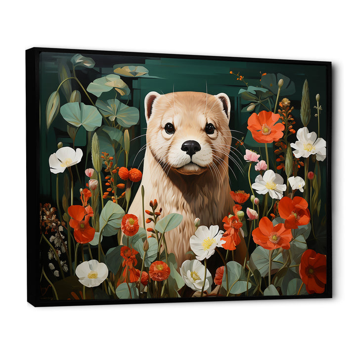 Brown Curious Otter in blooming meadow - Otter Canvas Wall Art