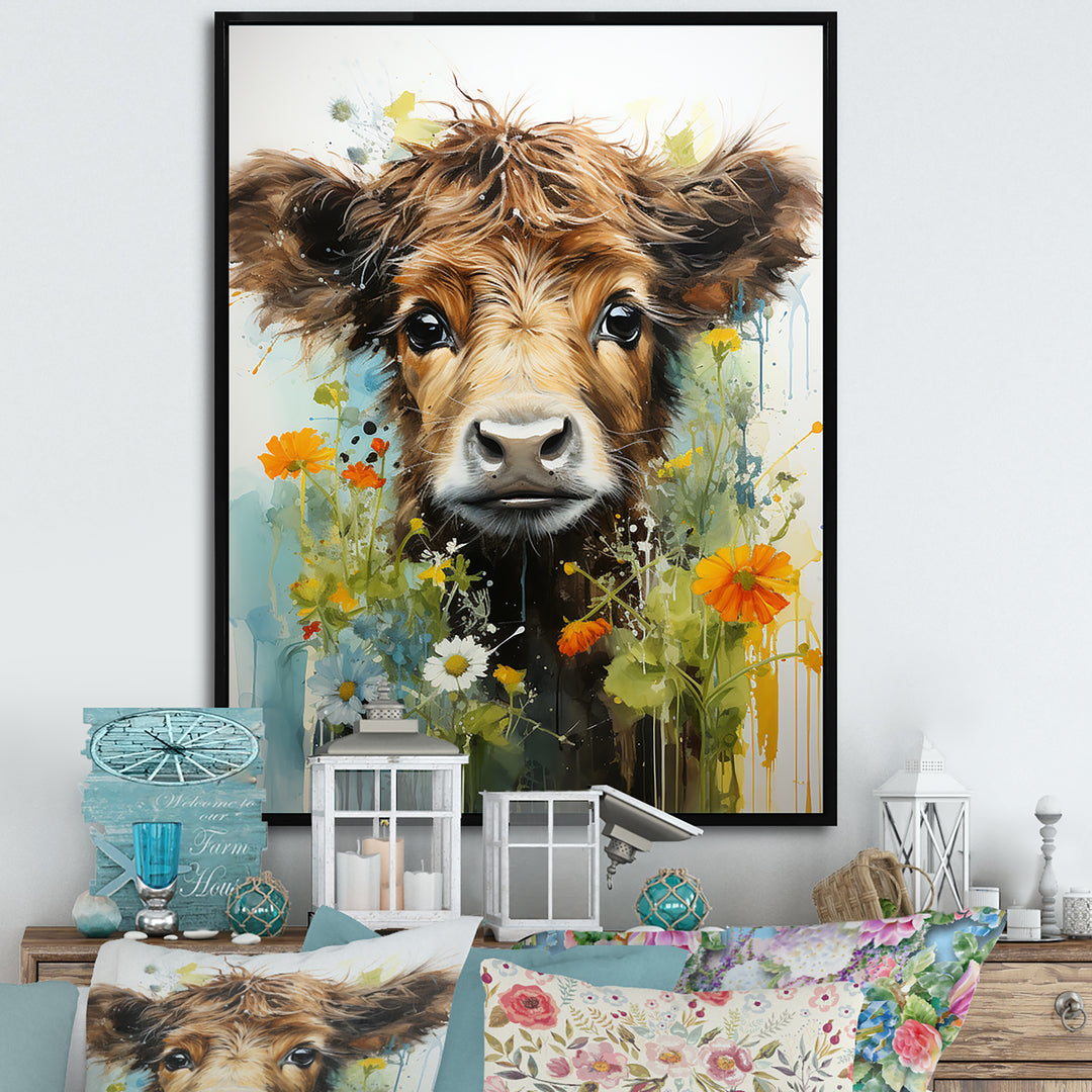 Brown Portrait of a Cow in blooms - Brown Cow Wall Art