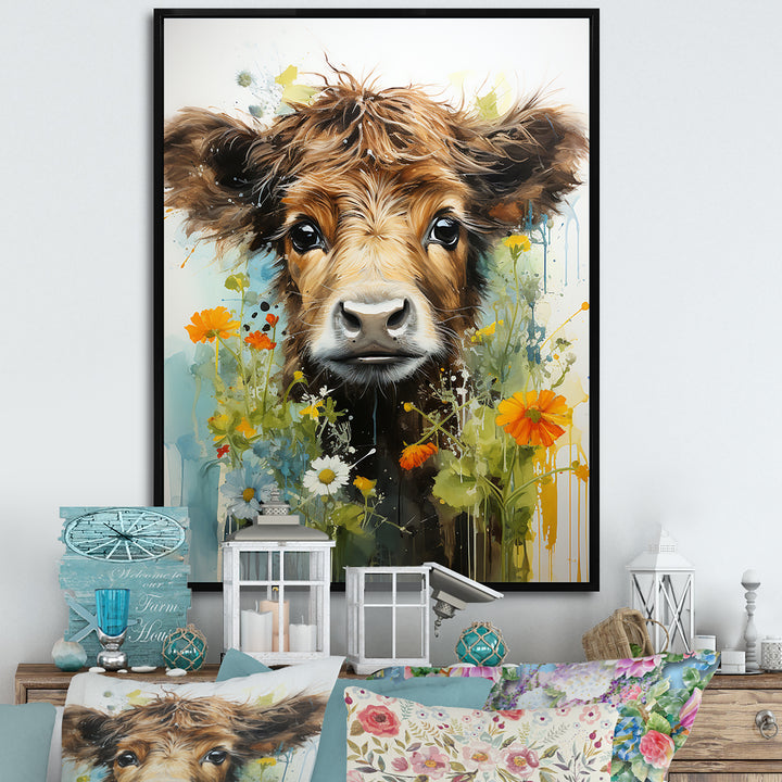 Brown Portrait of a Cow in blooms - Brown Cow Wall Art