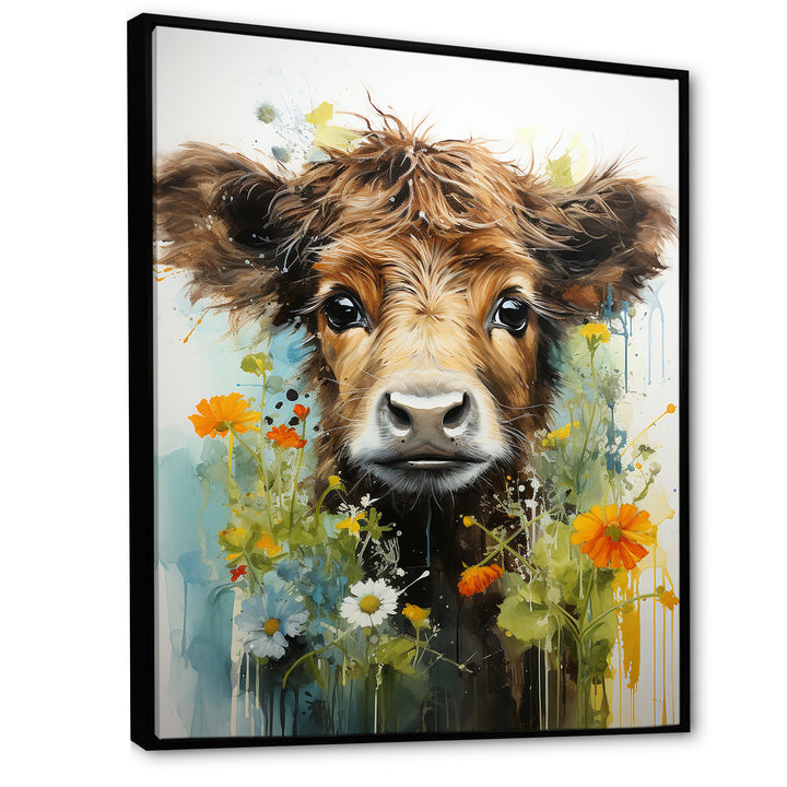 Brown Portrait of a Cow in blooms - Brown Cow Wall Art