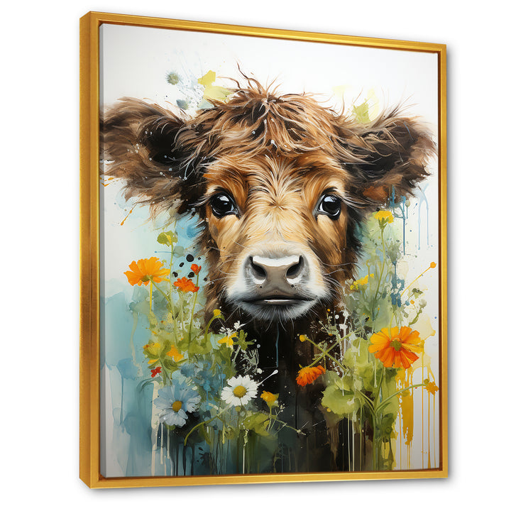 Brown Portrait of a Cow in blooms - Brown Cow Wall Art