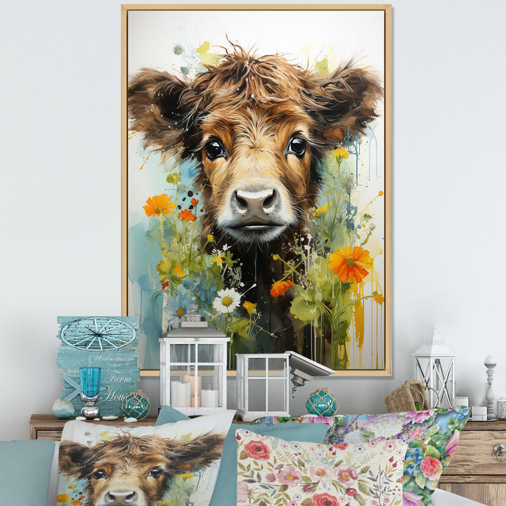 Brown Portrait of a Cow in blooms - Brown Cow Wall Art