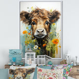 Brown Portrait of a Cow in blooms - Brown Cow Wall Art