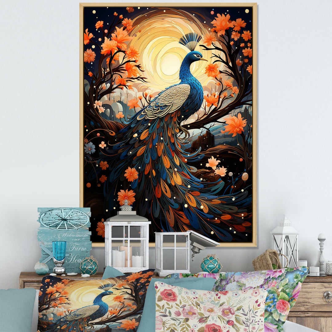 Celestial Peacock in Surreal Starlight - Yellow Peacock Wall Art