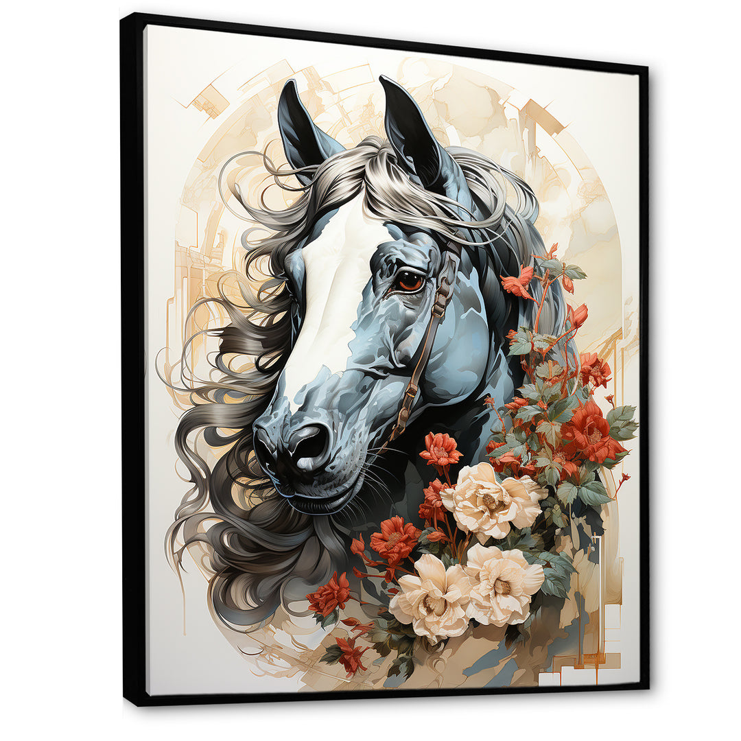 Grey floral Horse Beauty - Horse Canvas Wall Art
