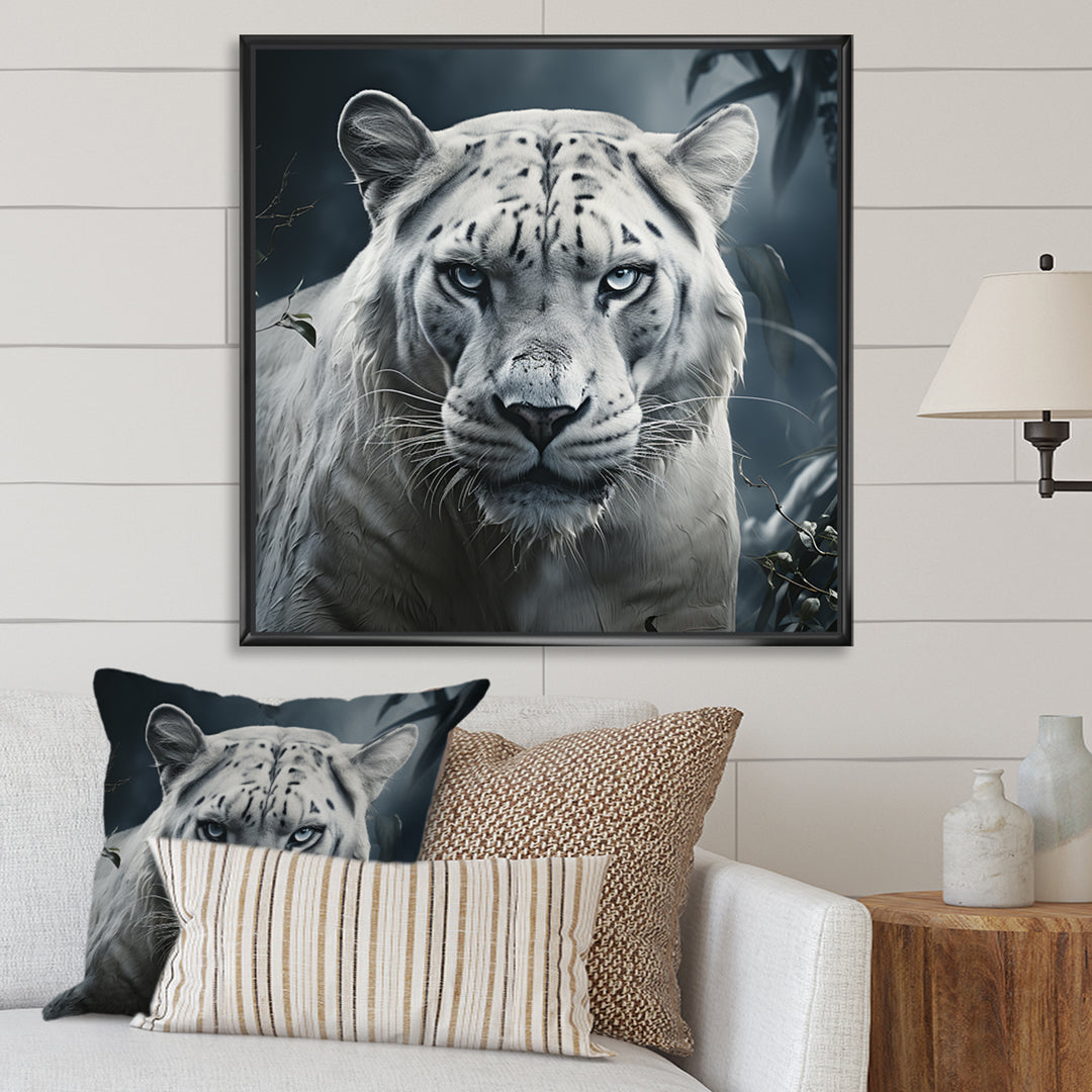 White and grey leopard in the jungle - Leopard Canvas Wall Art