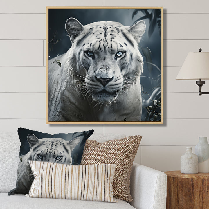 White and grey leopard in the jungle - Leopard Canvas Wall Art