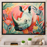 Floral Pink Rhino paradise - Rhino Framed Canvas Art