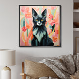 Black Playful Cat floral meadows - Black Cat Wall Art