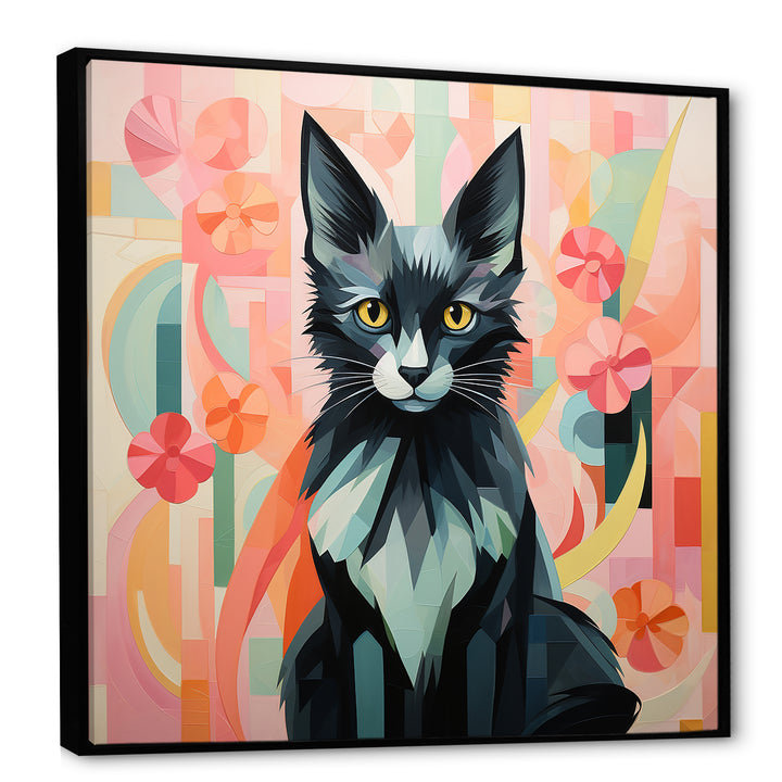 Black Playful Cat floral meadows - Black Cat Wall Art