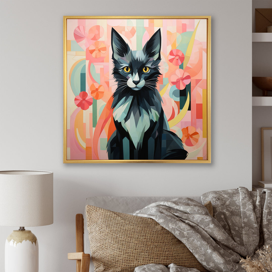 Black Playful Cat floral meadows - Black Cat Wall Art