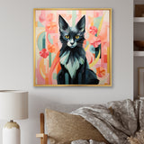 Black Playful Cat floral meadows - Black Cat Wall Art