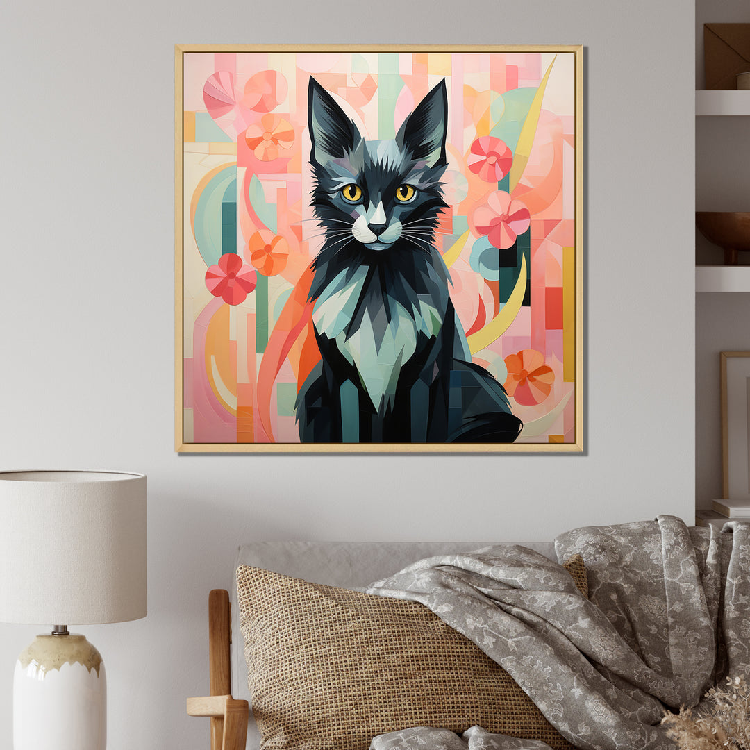 Black Playful Cat floral meadows - Black Cat Wall Art