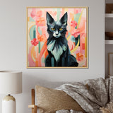 Black Playful Cat floral meadows - Black Cat Wall Art