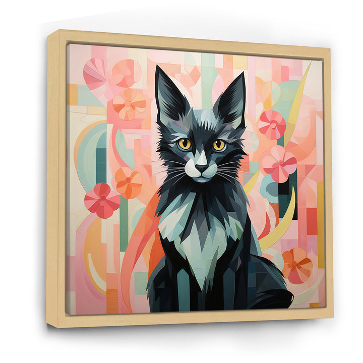 Black Playful Cat floral meadows - Black Cat Wall Art