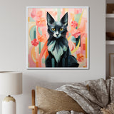 Black Playful Cat floral meadows - Black Cat Wall Art