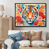 Pink and orange flower Tiger portrait - Animals Canvas Wall Art