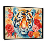 Pink and orange flower Tiger portrait - Animals Canvas Wall Art