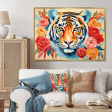 Pink and orange flower Tiger portrait - Animals Canvas Wall Art