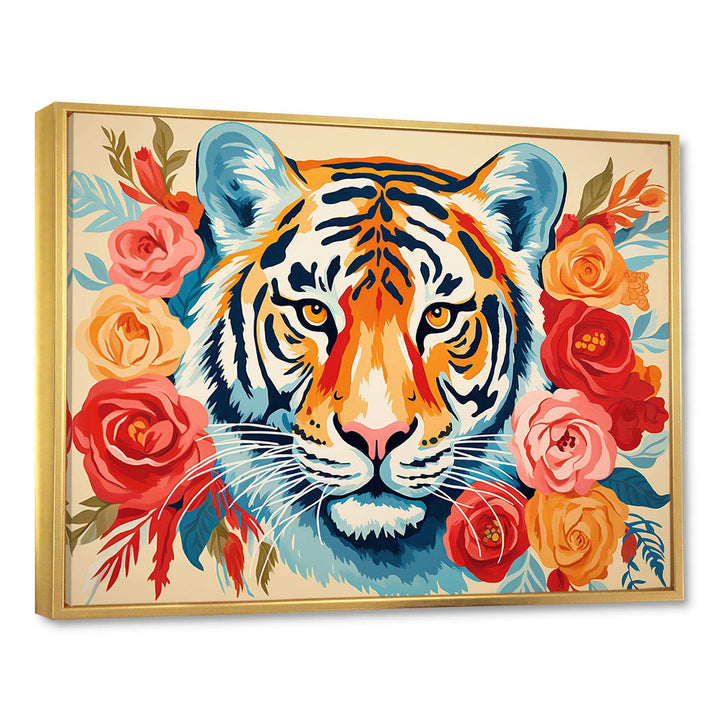 Pink and orange flower Tiger portrait - Animals Canvas Wall Art