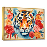 Pink and orange flower Tiger portrait - Animals Canvas Wall Art