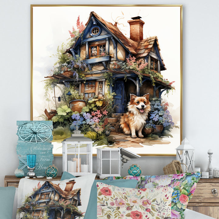 Corgi doghouse blooms - Dog Canvas Wall Art