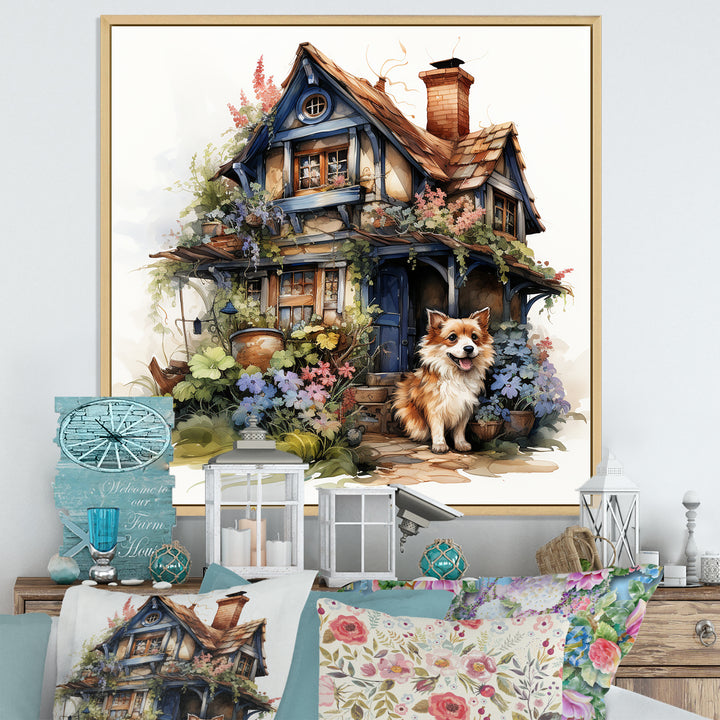 Corgi doghouse blooms - Dog Canvas Wall Art
