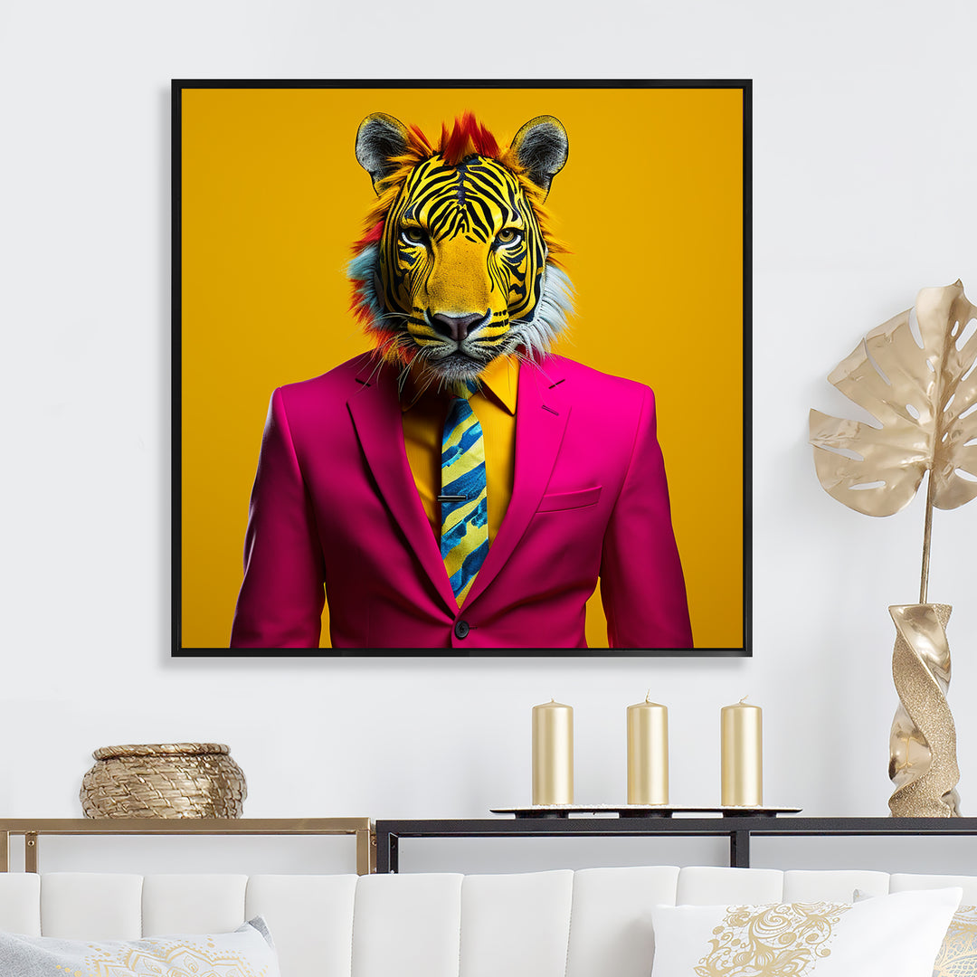 Pink suited up tiger - Tiger Fashion Framed Canvas Art