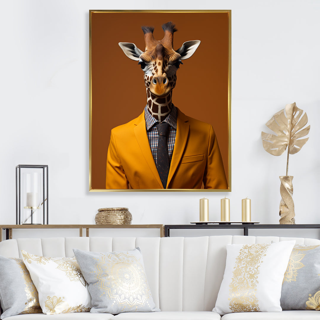 Yellow and brown suited up giraffe - Giraffe Fashion Living Room Wall Art