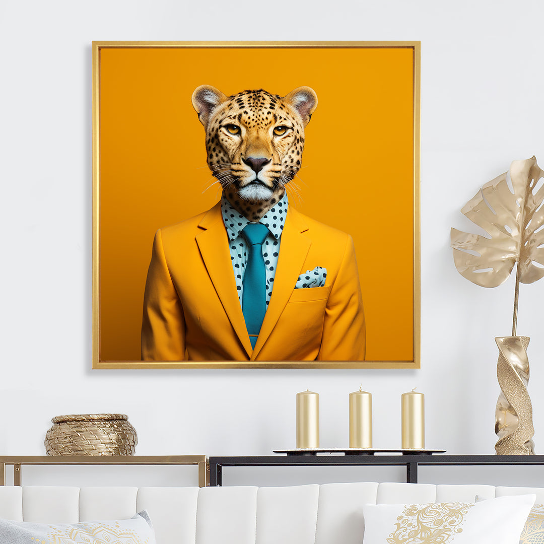 Yellow and blue suited up cheetah - Zebra Fashion Canvas Wall Art