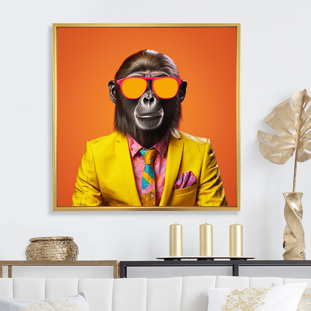 Yellow and orange suited up Monkey - Monkey Fashion Canvas Wall Art