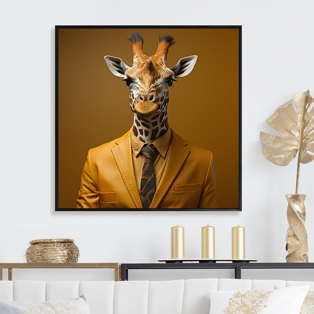 Yellow and brown suited up fashion giraffe - Giraffe Fashion Wall Decor
