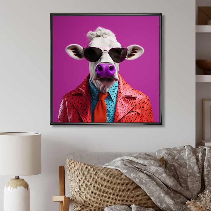 Purple sunglass suited cow fashion - Cow Canvas Wall Art