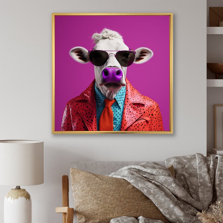 Purple sunglass suited cow fashion - Cow Canvas Wall Art
