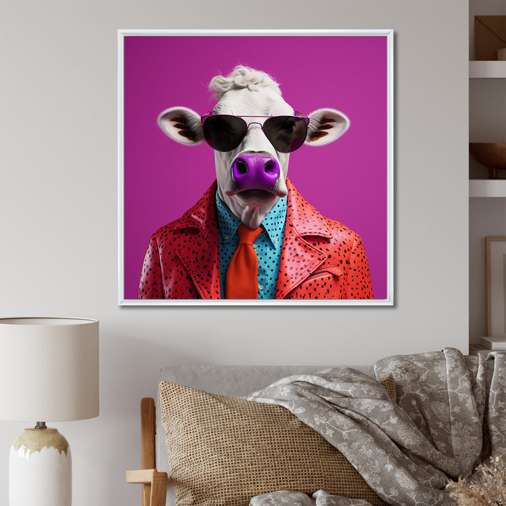 Purple sunglass suited cow fashion - Cow Canvas Wall Art