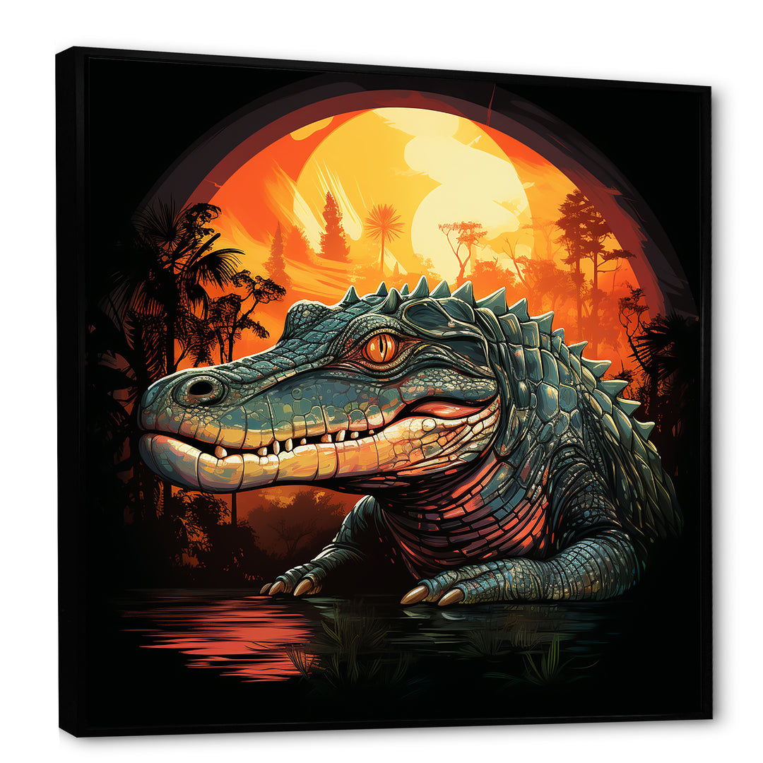 Orange and green Crocodile sunset - Crocodile Framed Canvas Art