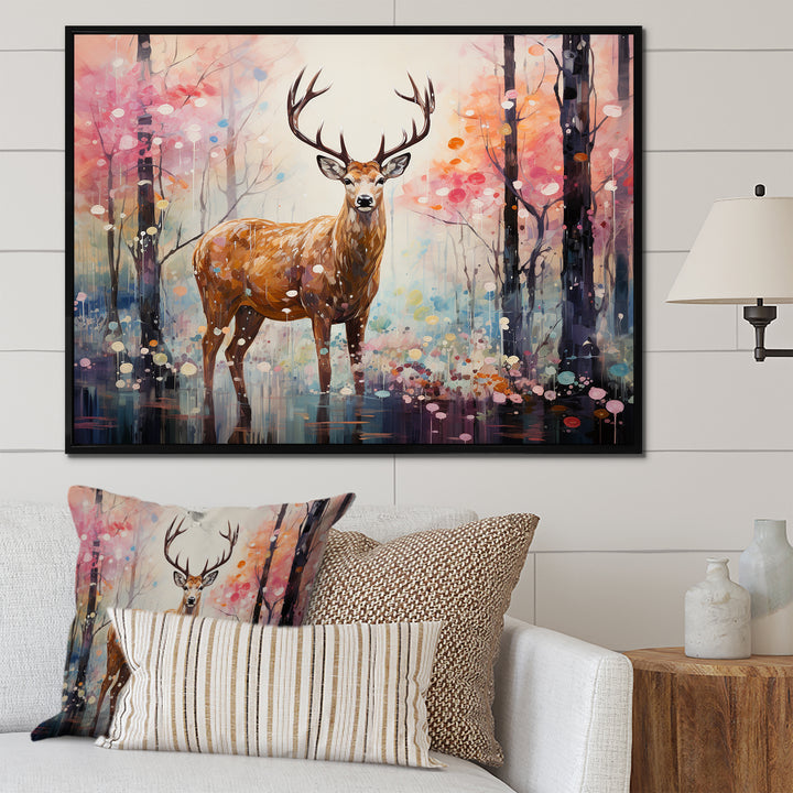 Deer in Shimmering floral forest - Deer Landscape Home Decor Art