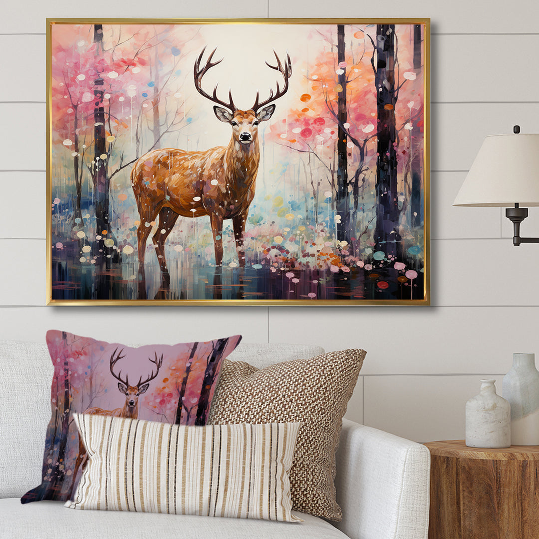 Deer in Shimmering floral forest - Deer Landscape Home Decor Art
