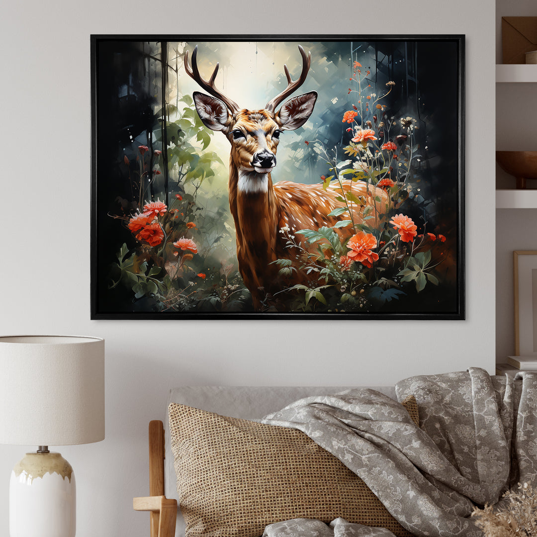 Brown and pink deer in blooming forest wilderness - Deer Landscape Living Room Wall Art