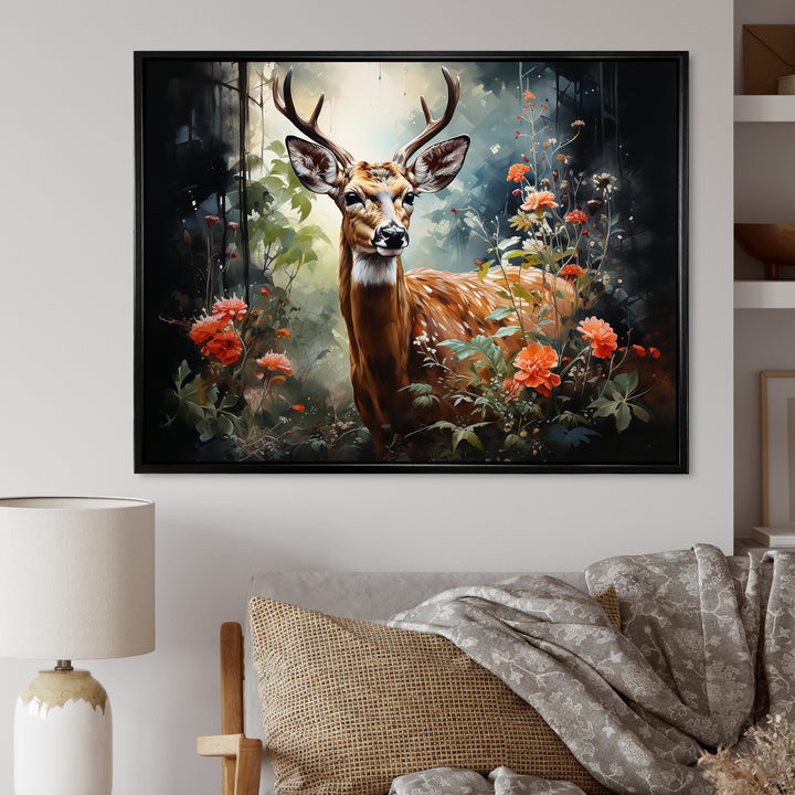Brown and pink deer in blooming forest wilderness - Deer Landscape Living Room Wall Art