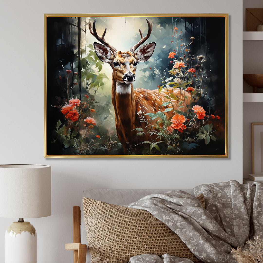 Brown and pink deer in blooming forest wilderness - Deer Landscape Living Room Wall Art