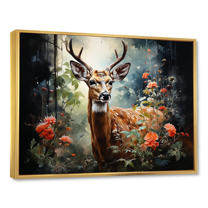 Brown and pink deer in blooming forest wilderness - Deer Landscape Living Room Wall Art