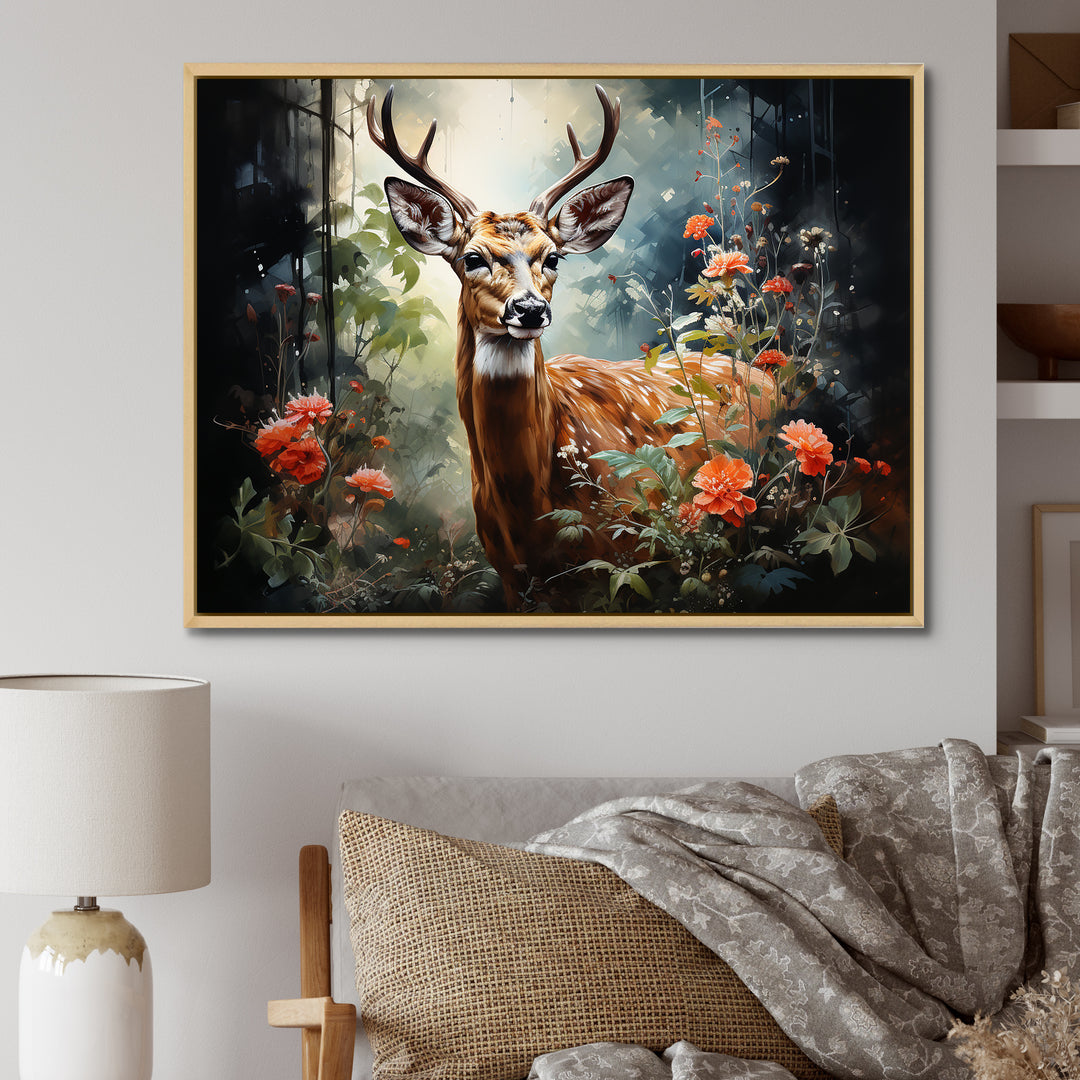 Brown and pink deer in blooming forest wilderness - Deer Landscape Living Room Wall Art