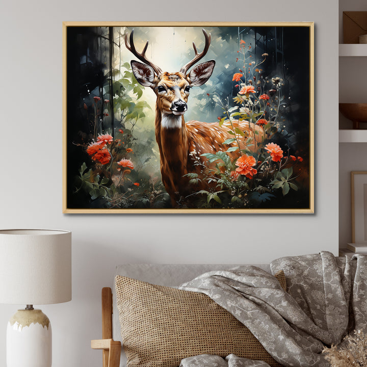 Brown and pink deer in blooming forest wilderness - Deer Landscape Living Room Wall Art