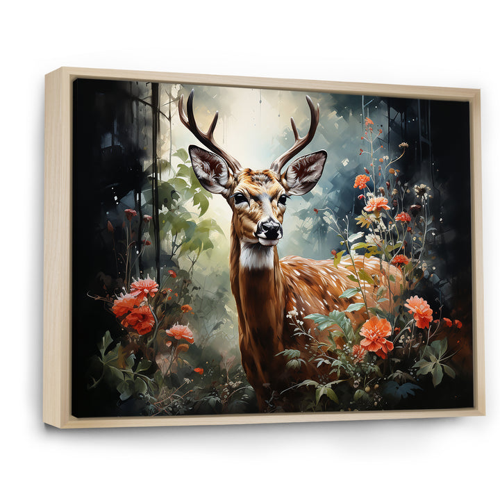 Brown and pink deer in blooming forest wilderness - Deer Landscape Living Room Wall Art