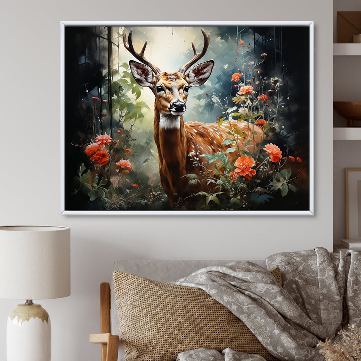 Brown and pink deer in blooming forest wilderness - Deer Landscape Living Room Wall Art