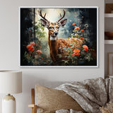 Brown and pink deer in blooming forest wilderness - Deer Landscape Living Room Wall Art