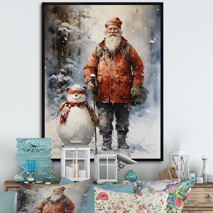 Santa and his snowman in winter wonderland - Deer Bedroom Wall Art
