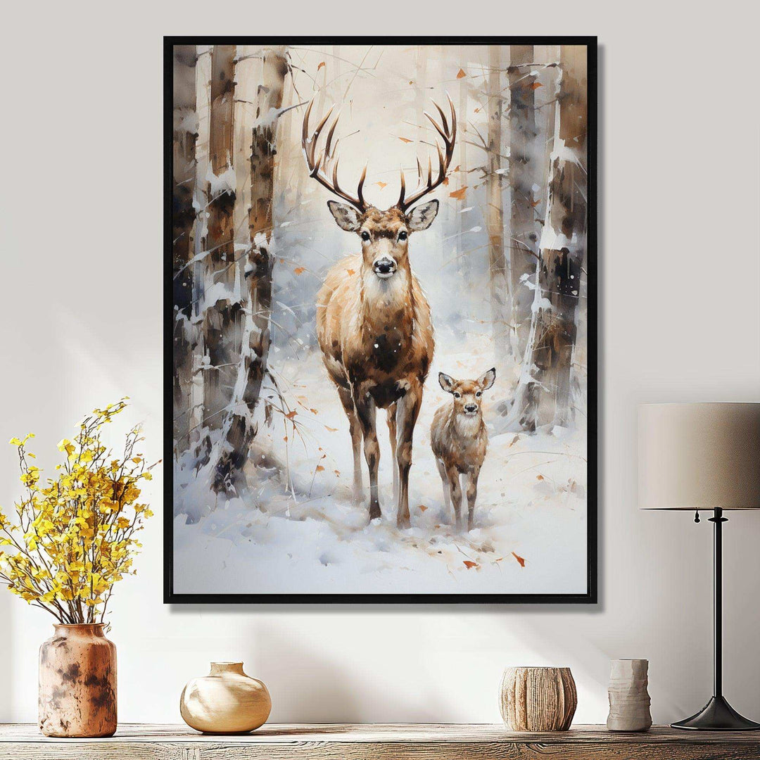 Deer family in the winter wonderland - Animals Canvas Wall Art